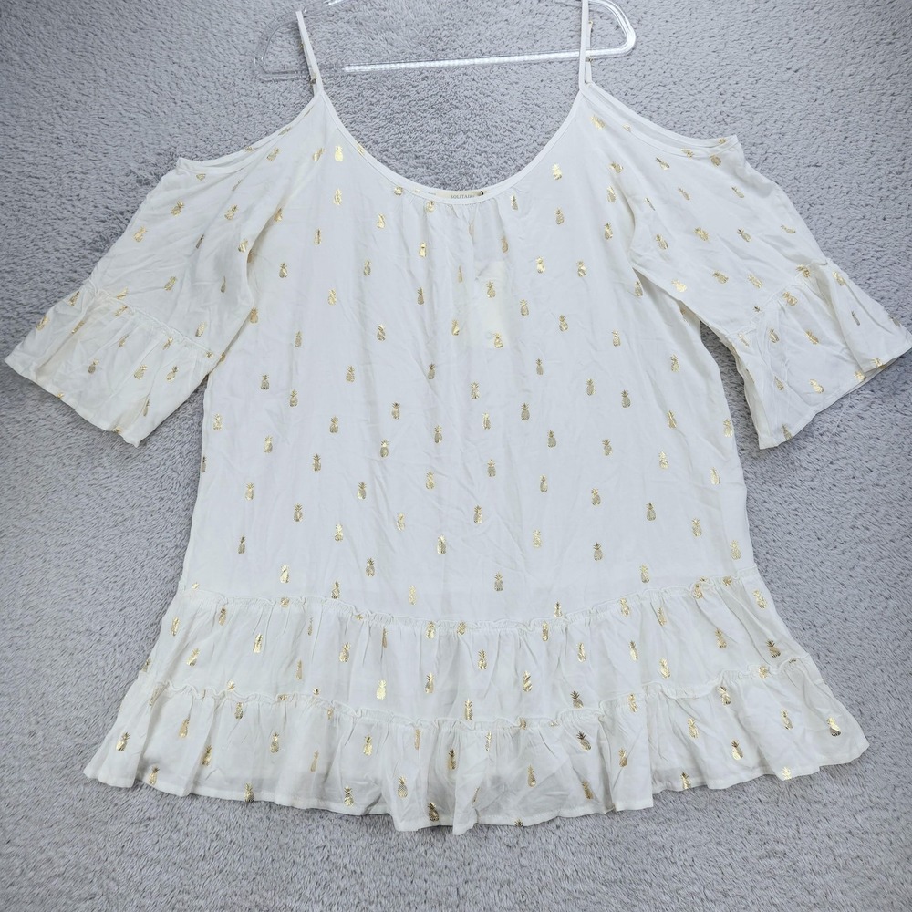 Solitaire Swim Cover Up Womens Large White Pineapple Ruffle Hem Beach Boho NEW